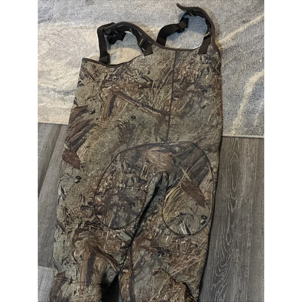 Cabela's Dry Plus Camo Shadowgrass Overalls Waders Size 10R Boots READ